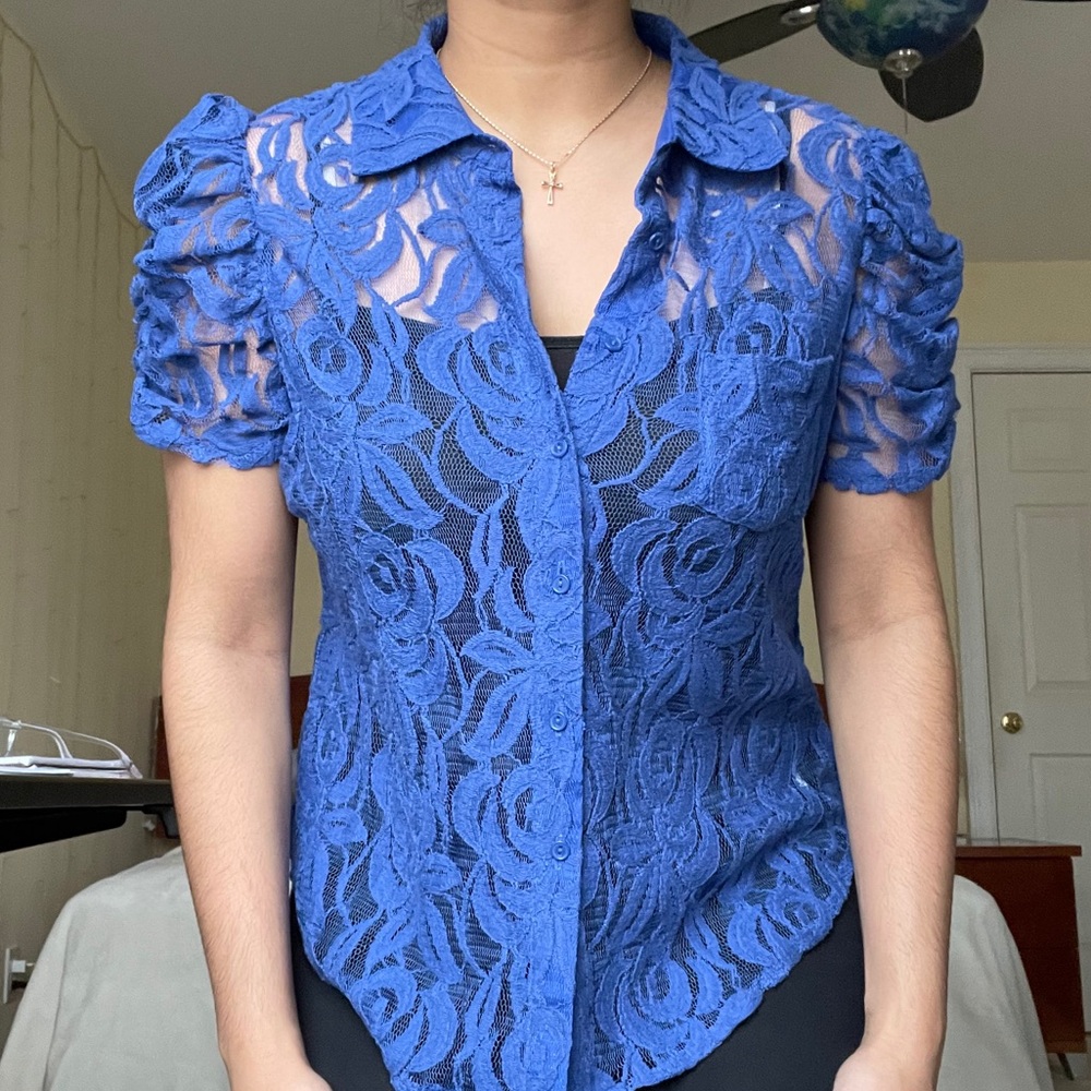 Blue lace button up top